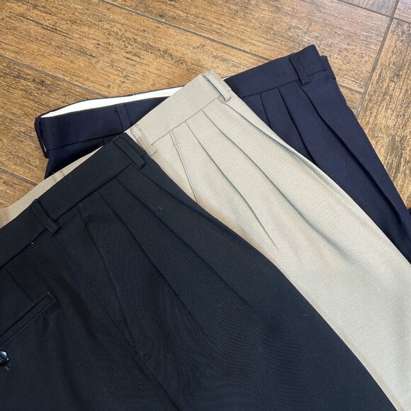 Set of 3 Hand Tailored 100% Wool Pleated Front Pants Size 36 NEW Black Navy Tan - Picture 9 of 9